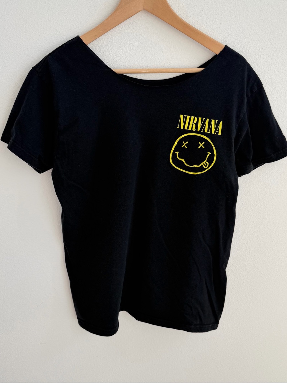Nirvana Smiley Face Band Tee Black Off-the-Shoulder T-Shirt